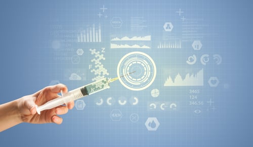 Female doctor hand holding syringe with research data graphic