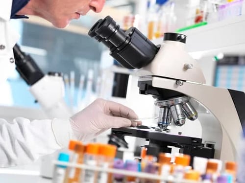 woman looking at microscope